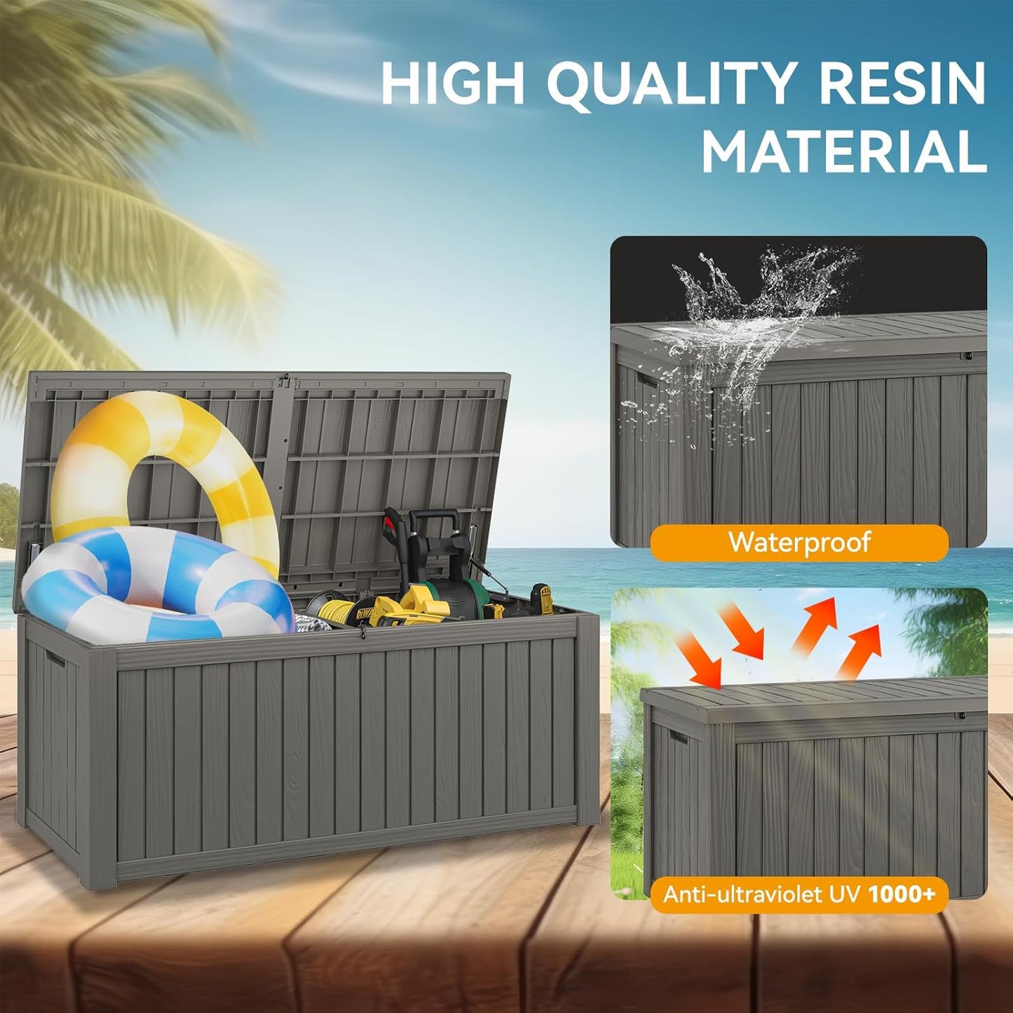 NUNU LAB 180 Gallon Outdoor Storage Box,Large Resin Sturdy Deck Box, Backyard Outside Storage Box Waterproof with Double Wall Panels,Package Delivery Garden Hose Storage Bin Outdoor Tool,Grey