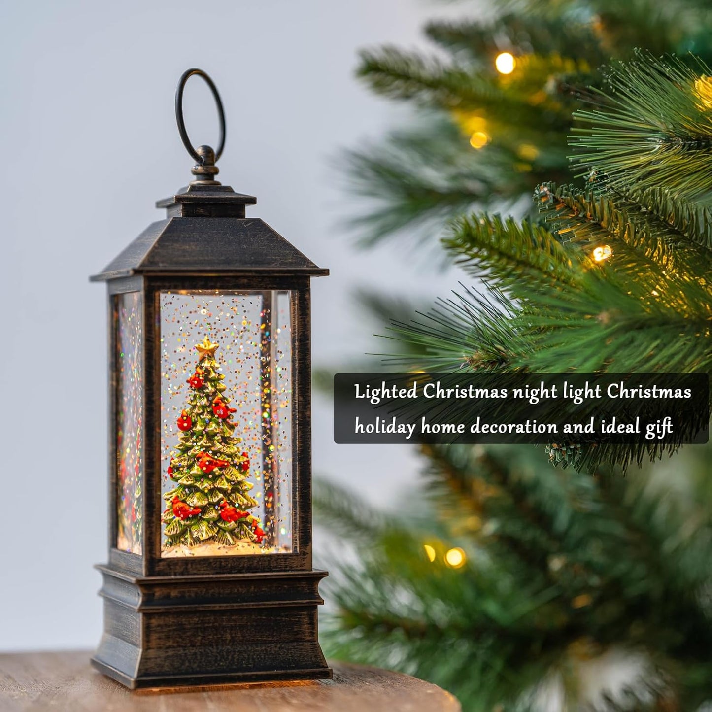 Christmas Snow Globe Lantern Water Glittering Christmas Tree with Music, USB Lined/Battery Operated Lighted Lantern for Christmas Festival Decoration Gifts