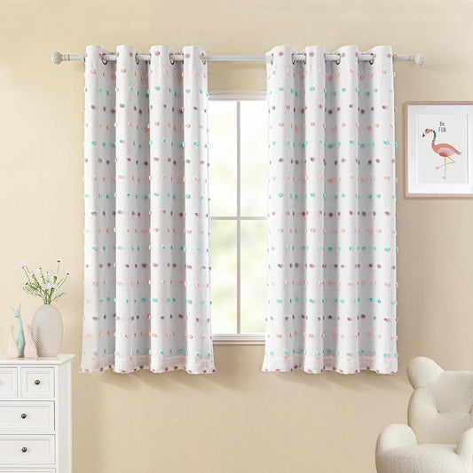 MYSKY HOME Total Blackout Curtains for Kids Bedroom Nursery Curtains 100% Light Block Doubled Curtains with Rainbow Pom Pom Sheer Window Drapes for Kitchen Room Darkening Grommet Set of 2, 52 x 63 in