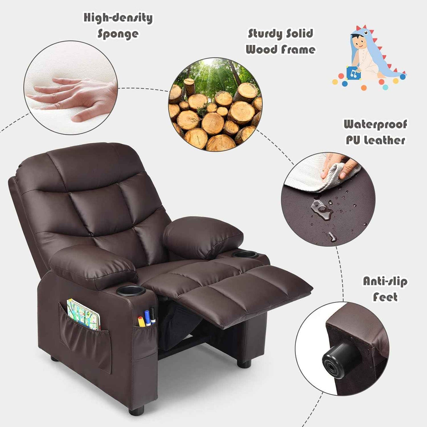Costzon Kids Recliner Chair with Cup Holder, Adjustable Leather Lounge Chair w/Footrest & Side Pockets for Children Boys Girls Room, Ergonomic Toddler Furniture Sofa, Kids Recliner (Brown)