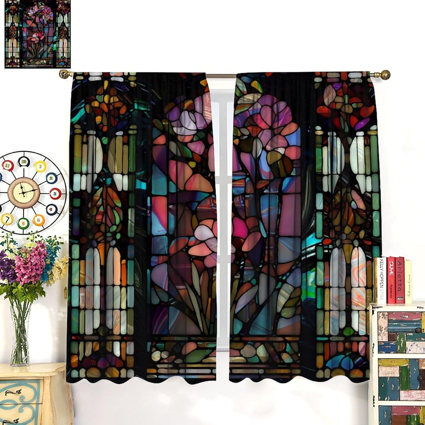 Stained Glass Curtains,Vintage Colorful Abstract Art Home Decor Drapes for Bedroom Living Room Kitchen Window Treatment 2 Panels Set Total Size 84" W X 84" L Inch