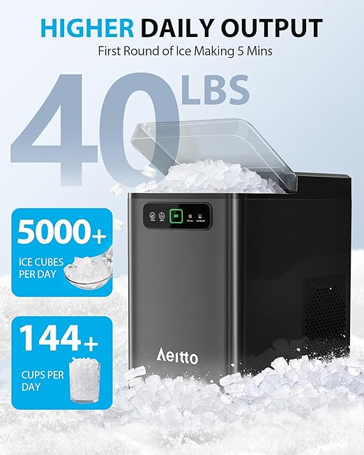 Aeitto Nugget Ice Maker Countertop, Pellet Ice Machine Soft Chewable Ice 40lbs/Day, One-Click Operation, Auto Self-Cleaning Crushed Ice Makers Stainless with Scoop for Home/Kitchen/Office (Black)