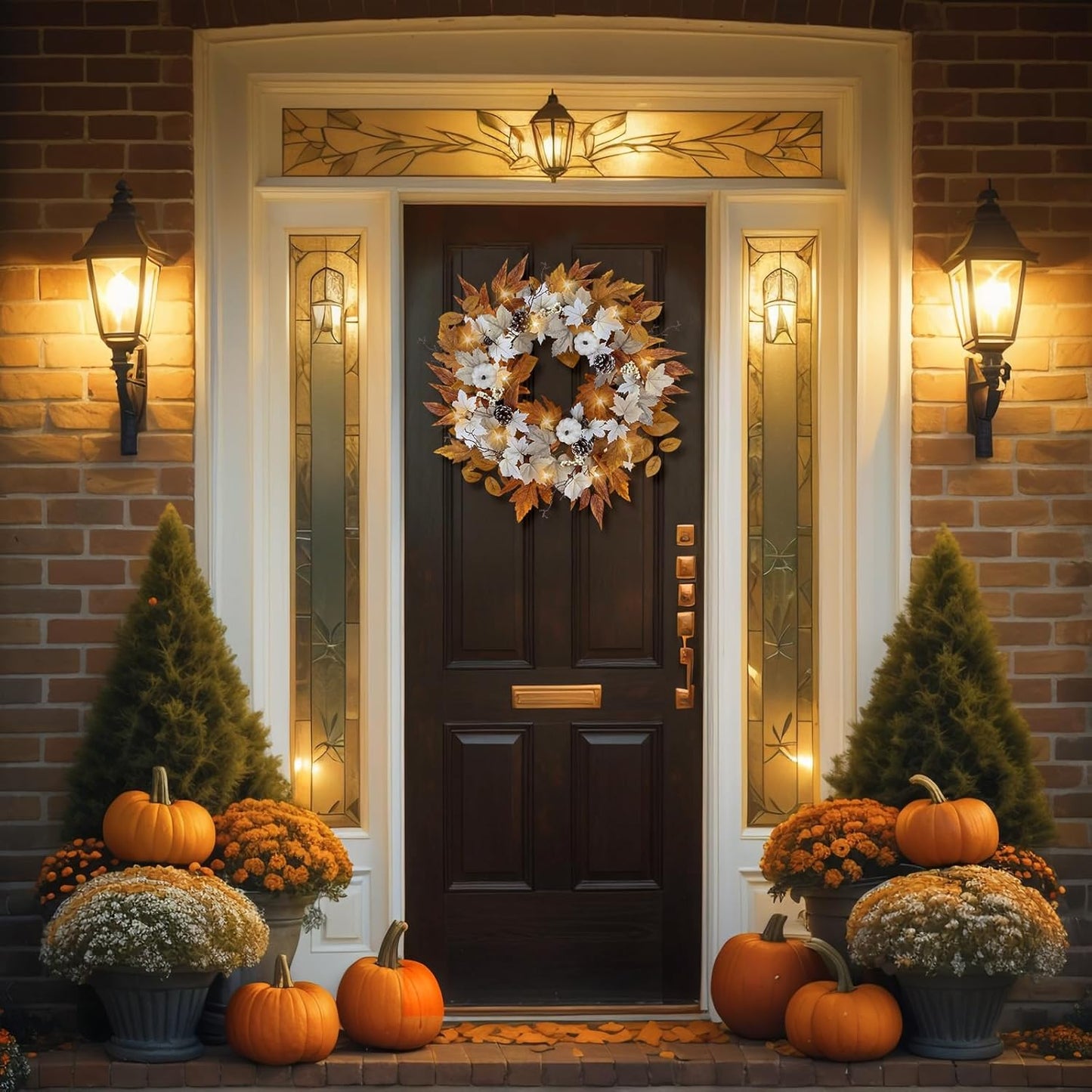 Fall Wreaths for Front Door Outside Autumn Wreath with Lights Berries Pine Cones Fall Decorations for Home Decor Pumpkin Wreath for Farmhouse Holiday Thanksgiving Harvest Halloween Outdoor