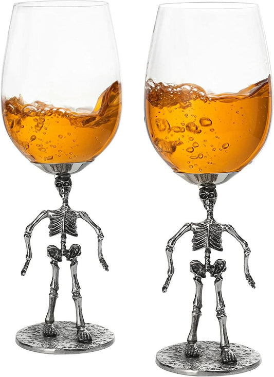 Stemmed Skeleton Wine Glass Set of 2 | 12oz Gothic Wine Goblets 10" Tall | Halloween Skeleton Decor Drinkware, Spooky Wine Glass Gift Set, Haunted Party Barware, Gothic Skeleton Gifts for Wine Lovers