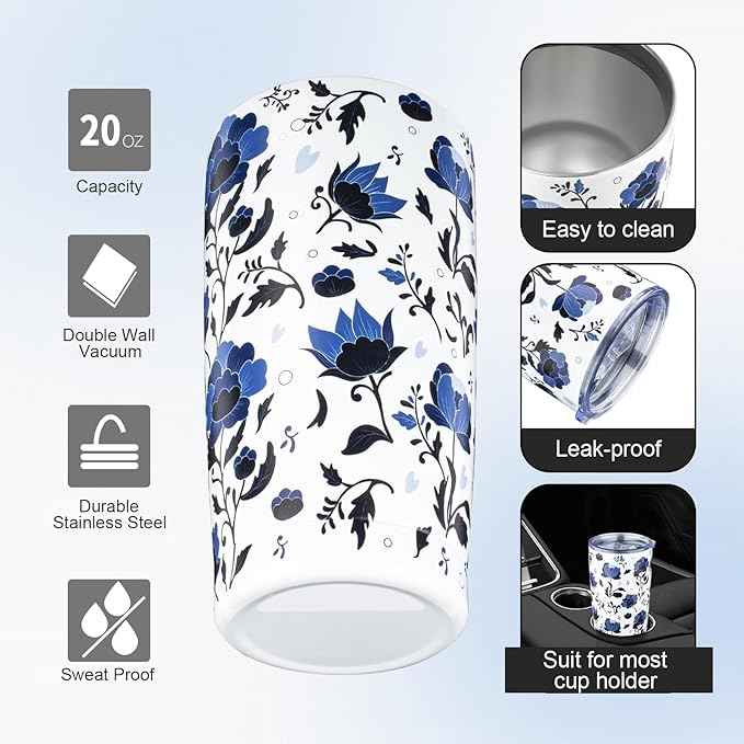 20oz Tumbler with Lid and Straw Double Wall Powder Coated Vacuum Insulated Coffee Tumbler Stainless Steel Travel Coffee Mug Spill-Proof Thermal Cup for Hot and Cold Beverage,Blue and White Porcelain