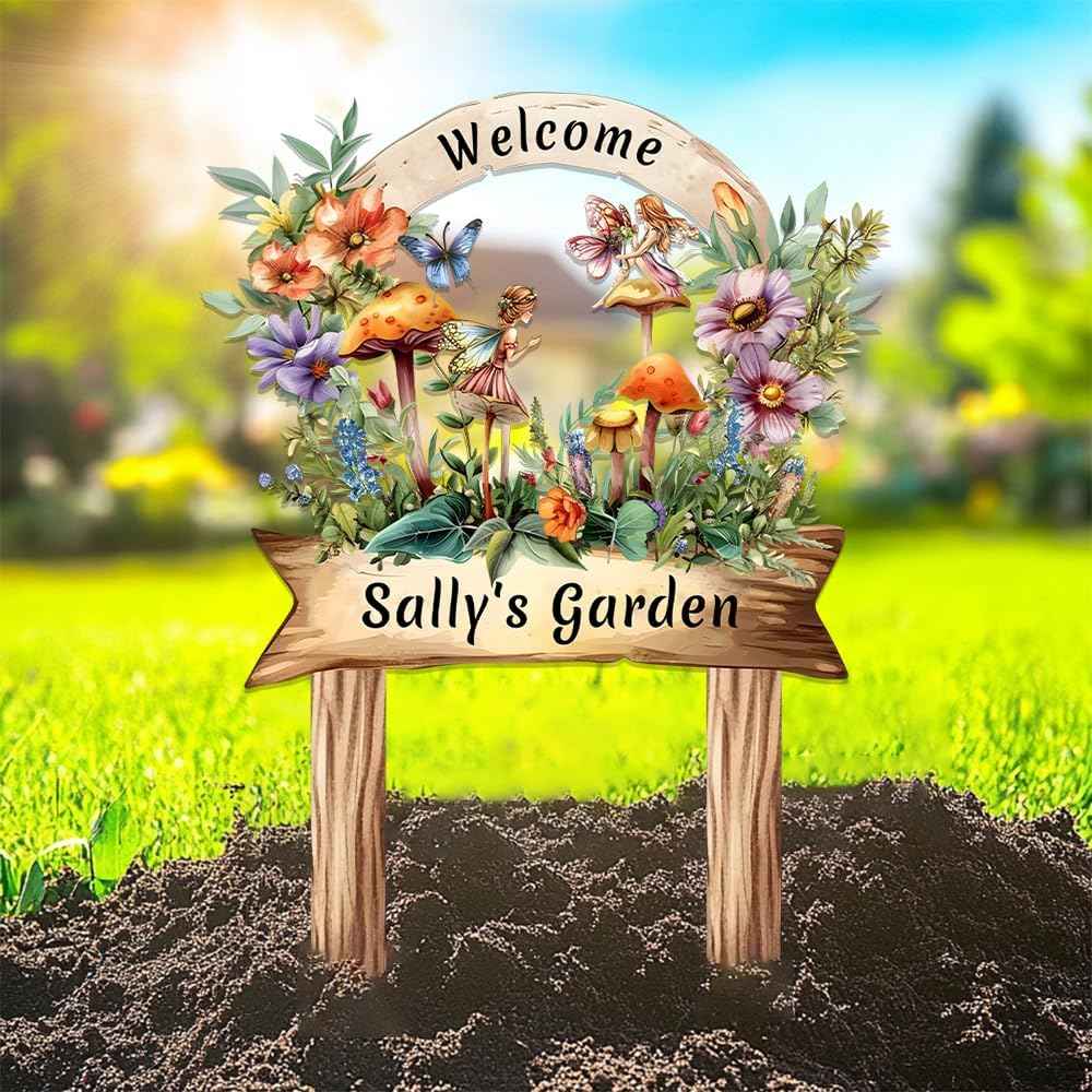 Cute Fairy Garden Metal Signs Custom with Stake,Gardeners Name Sign Personalized Decor for Outside Yard,Customized Gardening Gifts for Granddaughter Birthday,Butterfly Welcome Plaque for Lawn Patio