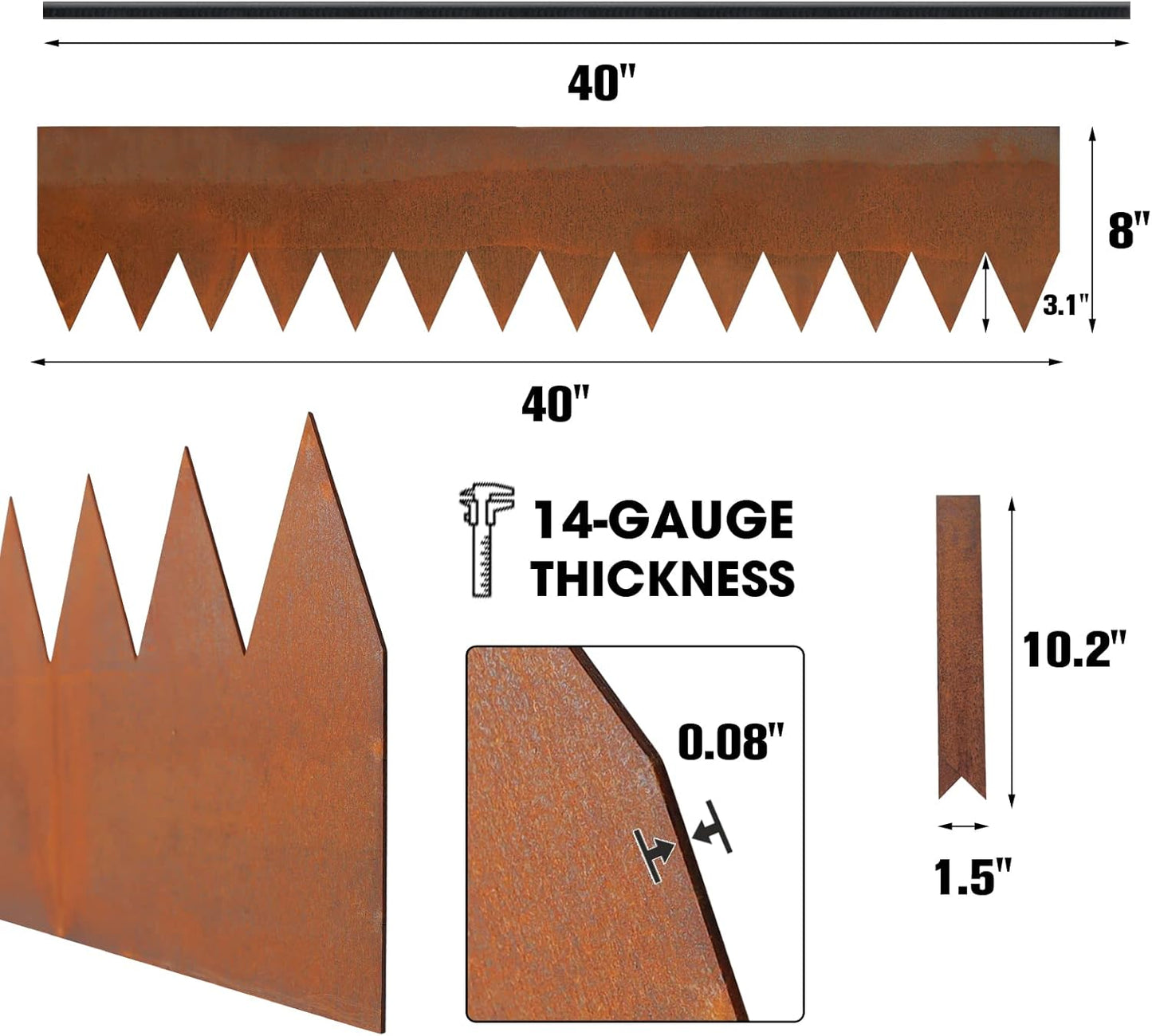 Worth Garden 6-Pack Cor-Ten Steel Landscape Edging with Black Protection Strips - Rust Patina Finish 40" L x 8" H (20Ft Total) - Hammer-in 14-Gauge Metal Corten Lawn Yard Edging Border w/ 7 Clips