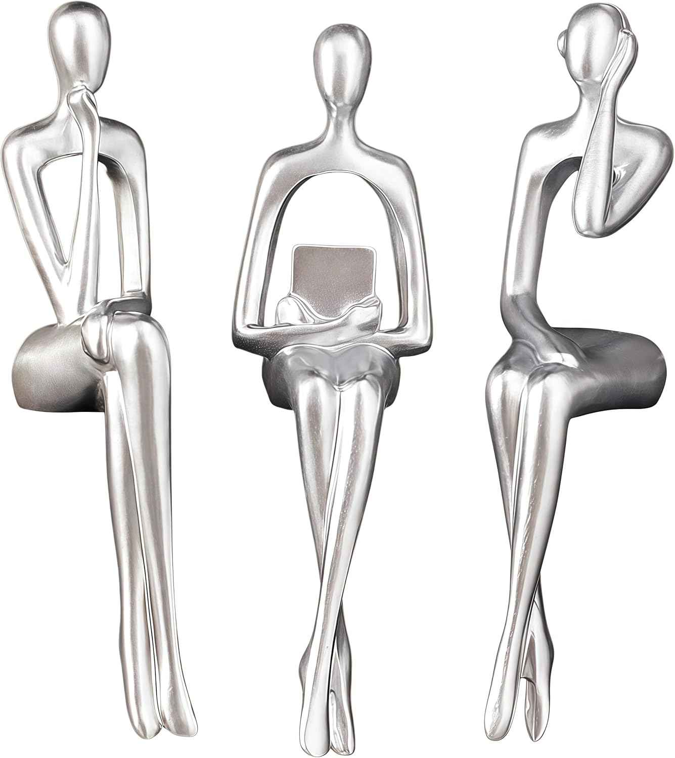 XINXAUN Silver Statue Home Decor - Modern Bookshelf & Desk Decor - 3 Piece Set