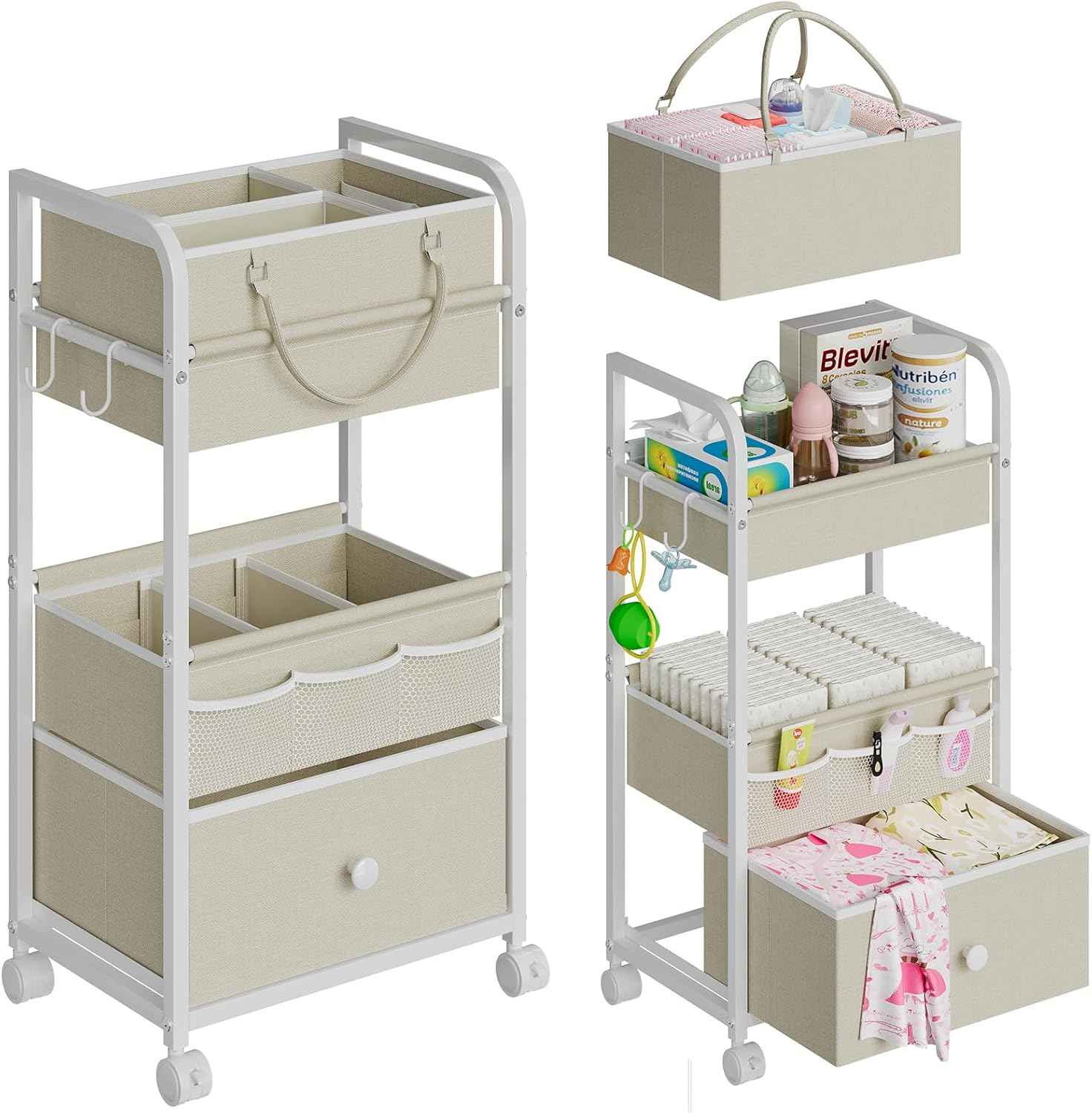 Cidaziya 2In1 Baby Diaper Caddy Organizer and Storage, 3 Tier Rolling Cart with Drawer, Mobile Utility Cart Baby Dresser Clothes Organizer for Crib, Art & Craft Storage, White, 17"W x 11.42"D x 33.5"H