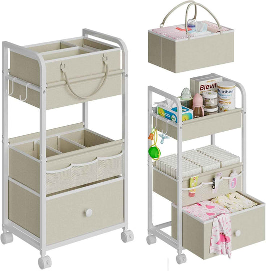 Cidaziya 2In1 Baby Diaper Caddy Organizer and Storage, 3 Tier Rolling Cart with Drawer, Mobile Utility Cart Baby Dresser Clothes Organizer for Crib, Art & Craft Storage, White, 17"W x 11.42"D x 33.5"H