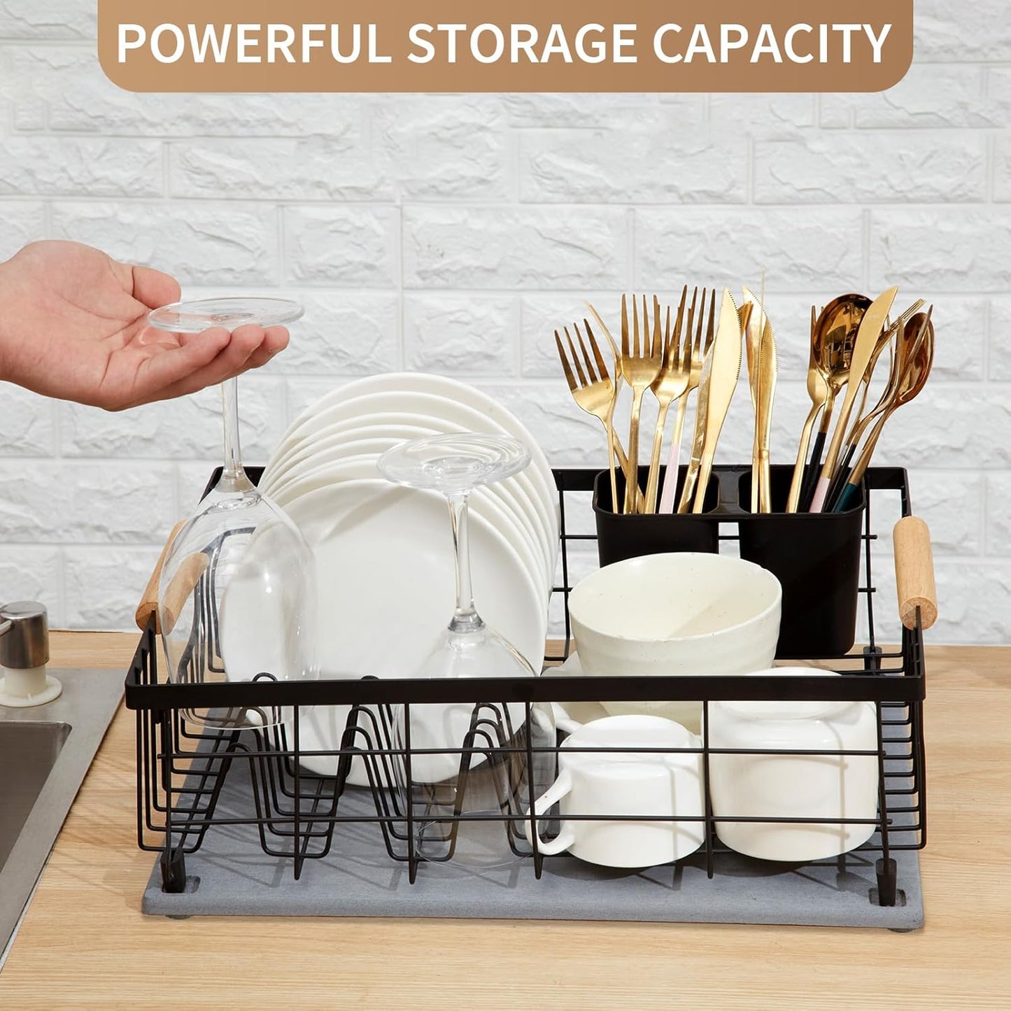Dish Drying Rack with Stone Dish Drying Mat for Kitchen Counter, Dish Drainer with Diatomaceous Earth Quick Dry Mat, Organization and Storage Essentials with Cup & Cutlery Holders