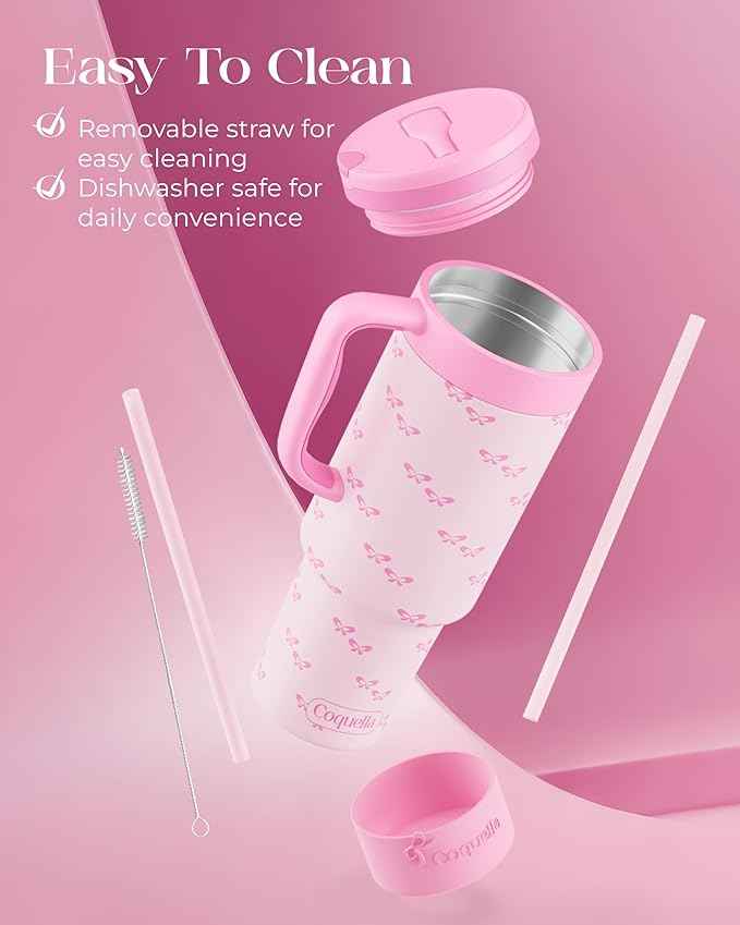 40 oz Insulated Tumbler with Handle and Push-Button Straw Lid, Stainless Steel Travel Cup for Gym Office Leakproof, BPA-Free, Cup Holder Friendly, Bow Silicone Boot, Pink (Coquette Bubblegum)