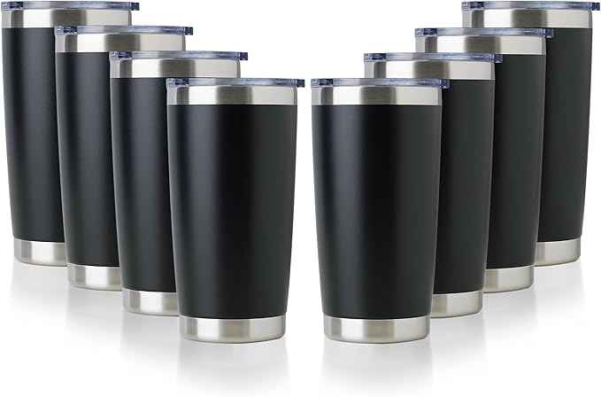 DOMICARE 20oz Stainless Steel Tumbler Bulk with Lid, Double Wall Vacuum Insulated Travel Mug, Powder Coated Coffee Cup, Powder Black, 8 Pack