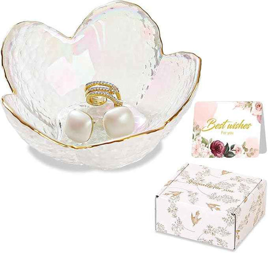 White Flower Jewelry Dish Glass Ring Dish Jewelry Tray Cute Vanity Organizer Room Decor Aesthetic Nightstand Bathroom Decor Trinket Dish Ring Holder Jewellery Tray Valentine's Birthday Gifts for Women