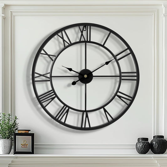 Tatub 24 Inch Large Wall Clock for Living Room Decor, Roman Numeral Modern Round Decorative Metal Large Wall Clock for Bedroom and Kitchen, Silent, Non Ticking, Battery Operated