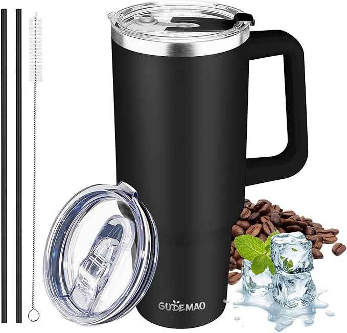40 oz Tumbler with Handle, Insulated Tumbler with Lid and Straw, Reusable Stainless Steel Vacuum Insulated Cup, 100% Leak Proof Thermal Travel Coffee Mug Cup for Cold and Hot (Black)