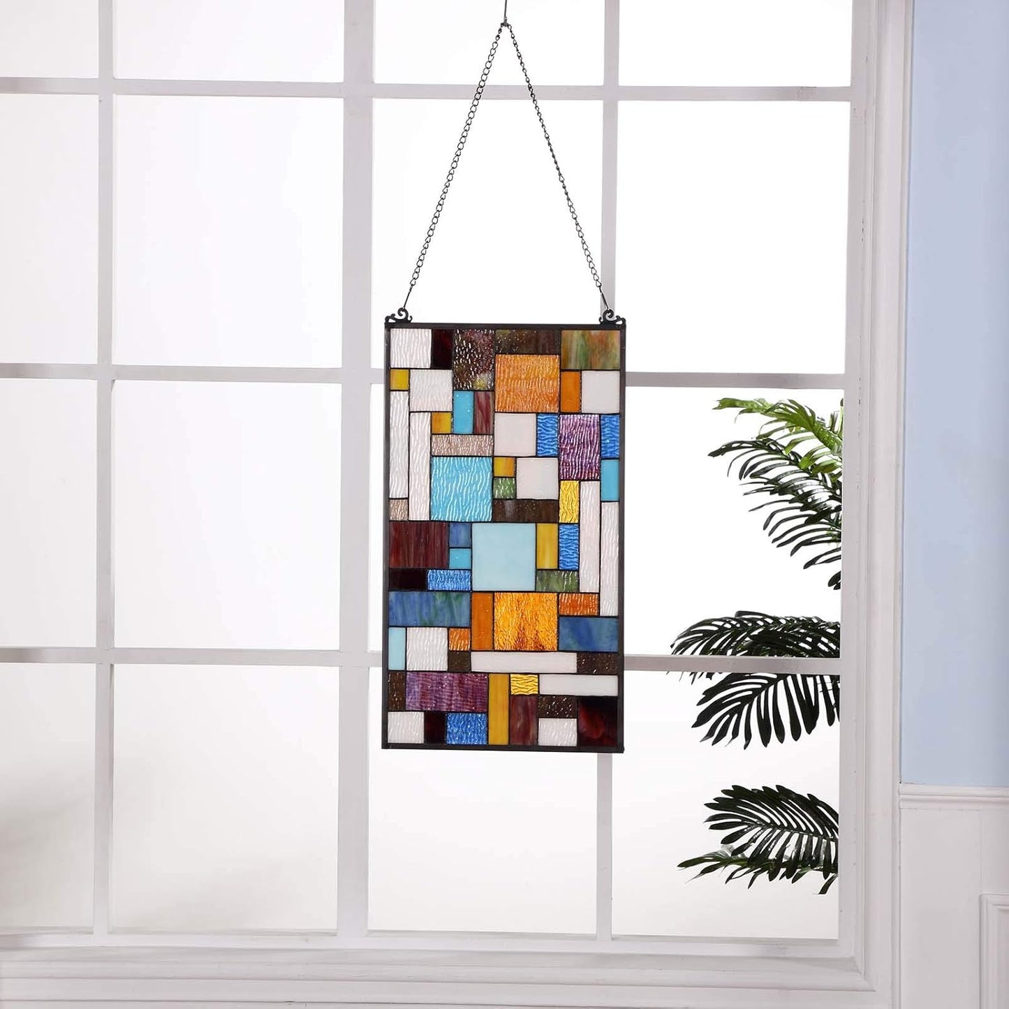 Bieye Geometric Color Block Tiffany Style Stained Glass Window Panel with Hanging Chain (13x24 inches W10024)