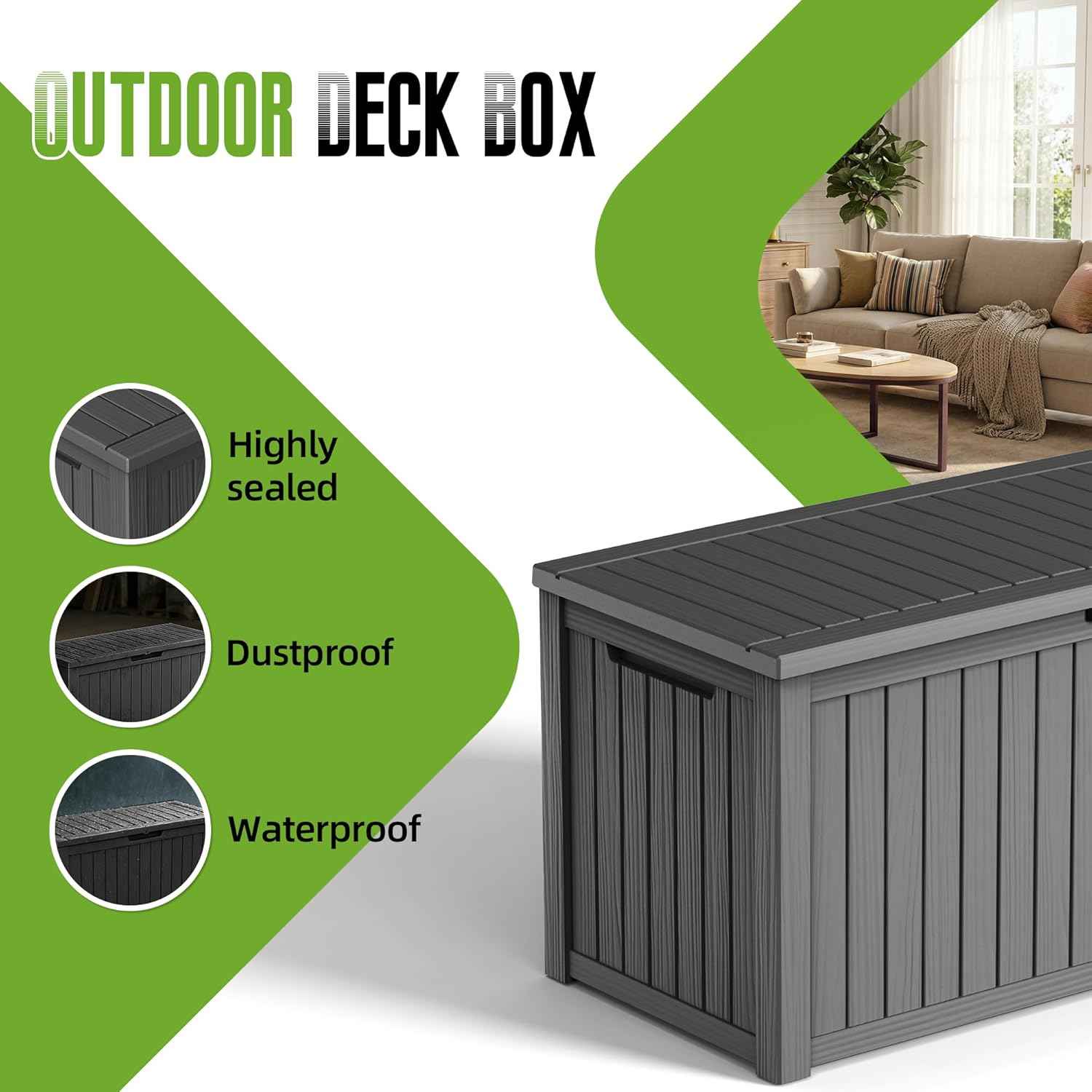 200 Gallon Outdoor Storage Deck Box Waterproof Resin Lockable Outside Bench Porch Patio Furniture Pool Float Garden Tool Cushion UV Resistant Bin Black