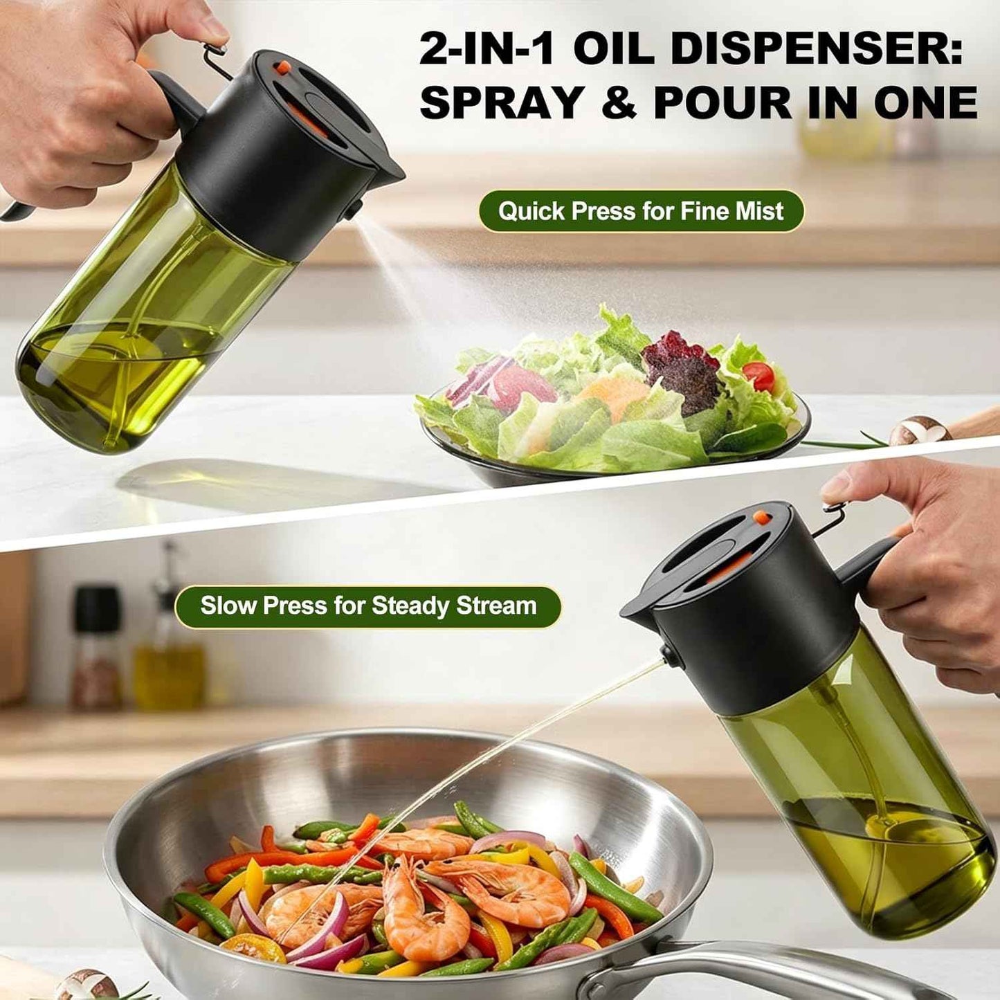 2-IN-1 500ml/17oz Light-Blocking Dark Oil Sprayer for Cooking with Sticker, Dark Green Glass Olive Oil Dispenser Bottle for Kitchen, Even Spray with Portion Control, Perfect for Air Fryer, BBQ - Black