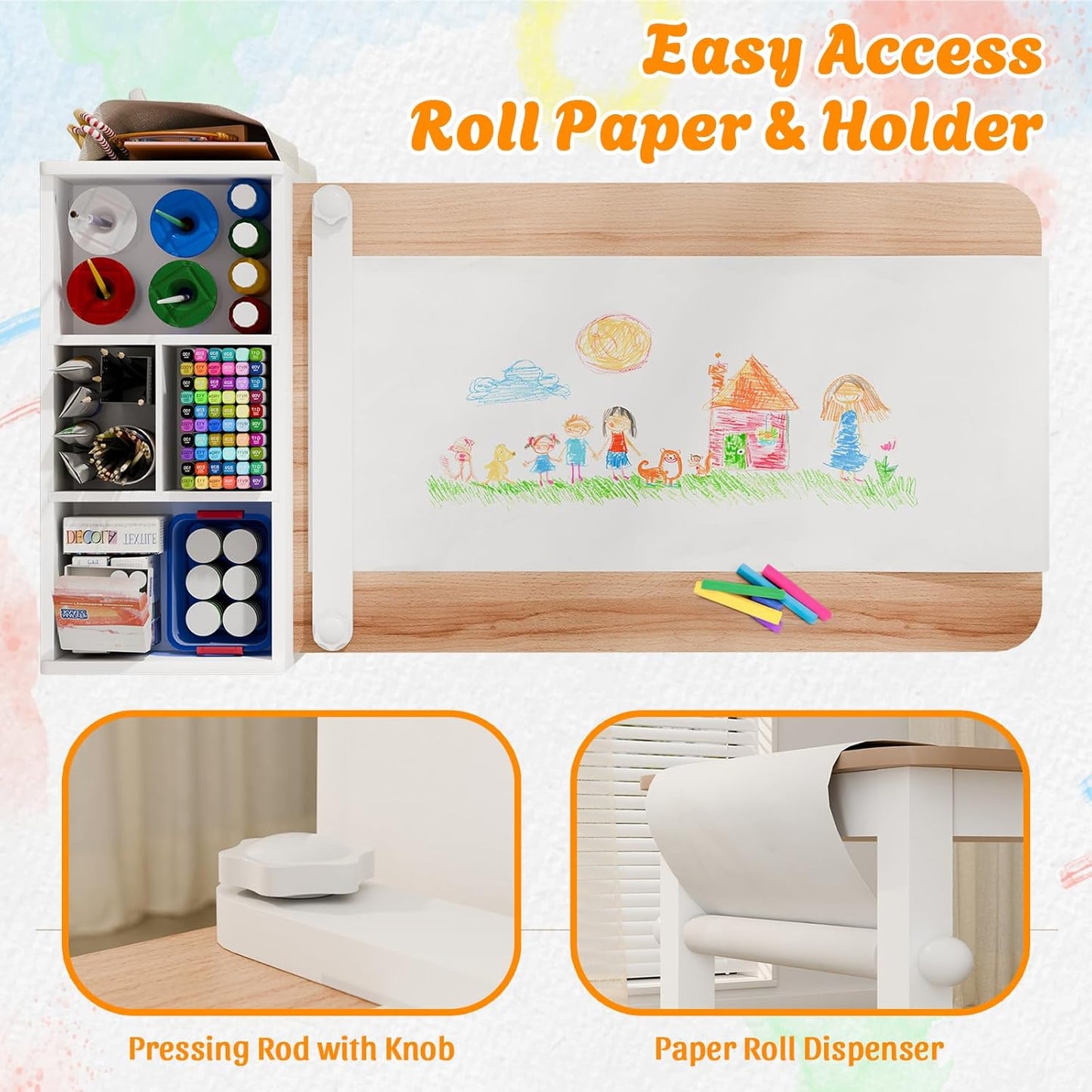 Kids Art Table and Chair - Toddler Craft Table and Chairs Set with 2 Chair & Bins, Large Storage Kids Activity Desk with Paper Roll for Playrooms & Classroom, 40" L x 20" W, Natural