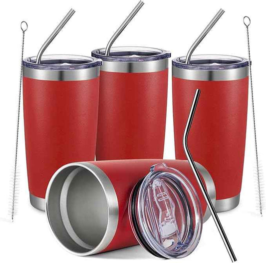 COMOOO 20oz Double Wall Vacuum Insulated Travel Mug, Stainless Steel Tumbler with Lid and Straw Durable Powder Coated Insulated Coffee Cup for Cold & Hot Drinks (Red, 4 PACK)