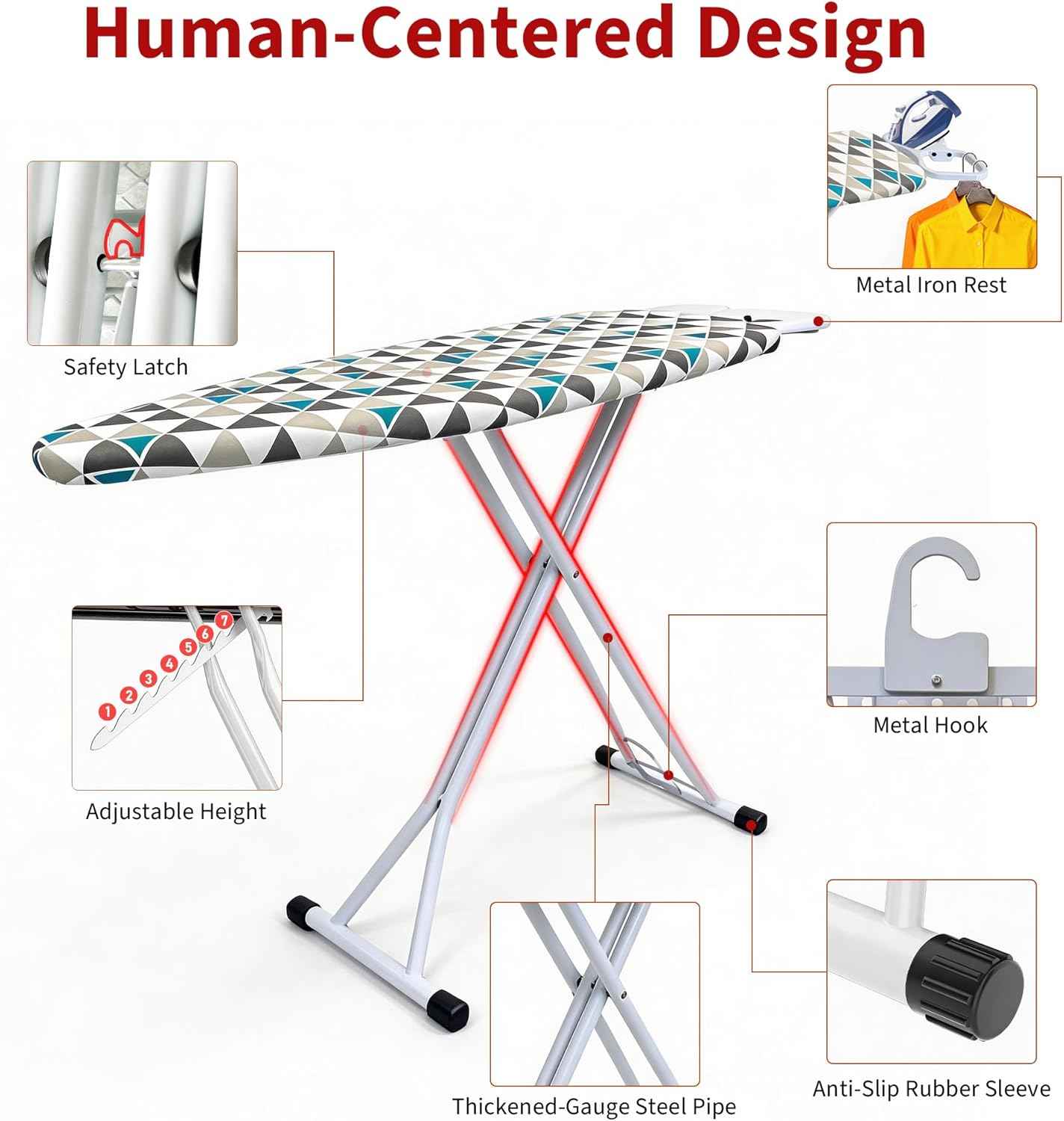 Extra Size Ironing Board with Built-in Hook, Iron Rest, 7 Adjustable Heights, 48" ×18" Large Size Iron Board with 4-Layer Heat Resistant Cover and Pad for Home Apartment Laundry, Gray