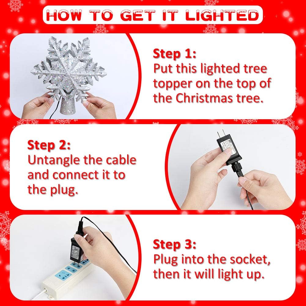 OurWarm Christmas Tree Topper Lighted with LED Rotating Silver Snowflake Decorations Projector Silver Snow Tree Topper Night Light Projector for Indoor Outdoor Christmas Tree Decorations