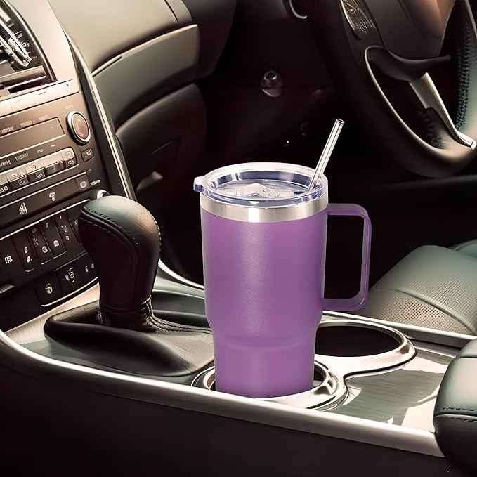 20 oz Tumbler with Handle, insulated cup coffee mug with lid, straw and handle, Double Wall Stainless Steel Vacuum Coffee Tumbler travel mug spill proof, 1pcs Purple