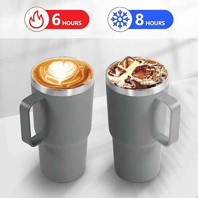 20 oz Tumbler with Handle, insulated cup coffee mug with lid, straw and handle, Double Wall Stainless Steel Vacuum Coffee Tumbler travel mug spill proof, 1pcs Grey