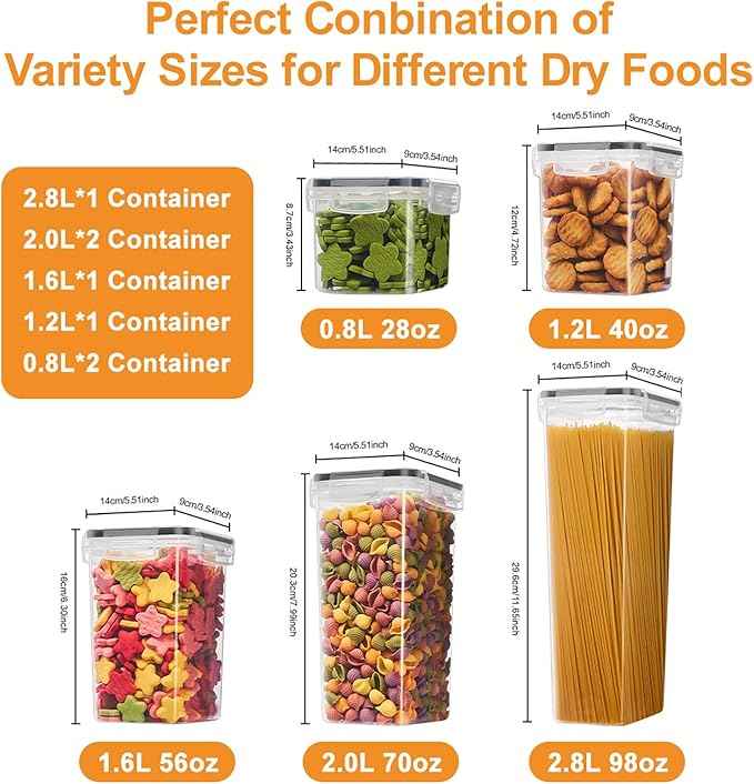 7 PCS Airtight Food Storage Containers with Lids, BPA Free Clear Plastic Kitchen and Pantry Organization and Storage Set for Flour, Sugar, Cereal, Pasta, Includes 7 Labels and Marker