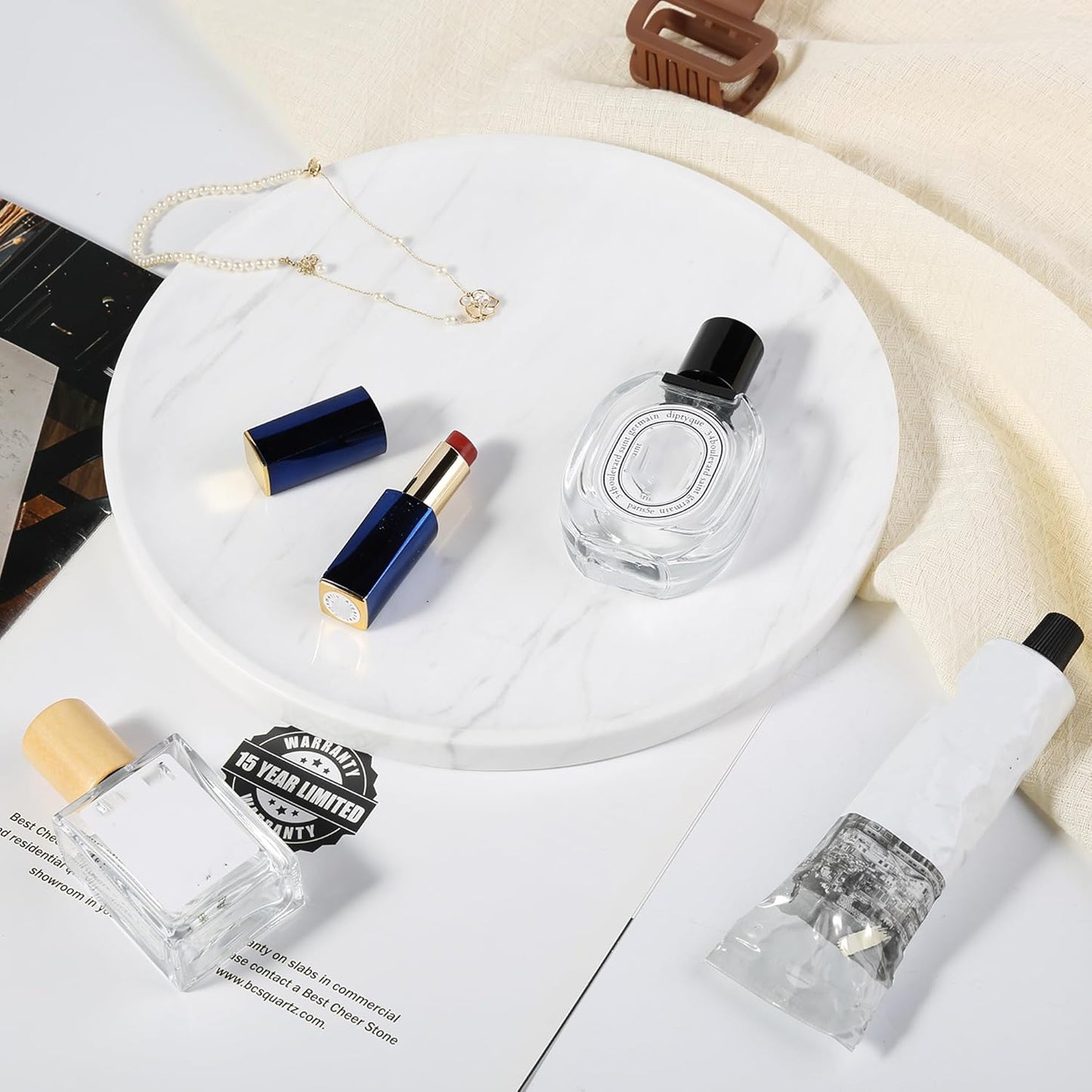 Natural Round Marble Tray - Luxury Decorative Serving Tray for Coffee Table, Bathroom Vanity, Dresser & Kitchen Countertop - Stone Organizer for Jewelry, Perfume, Candle, Home Decor(Volakas)