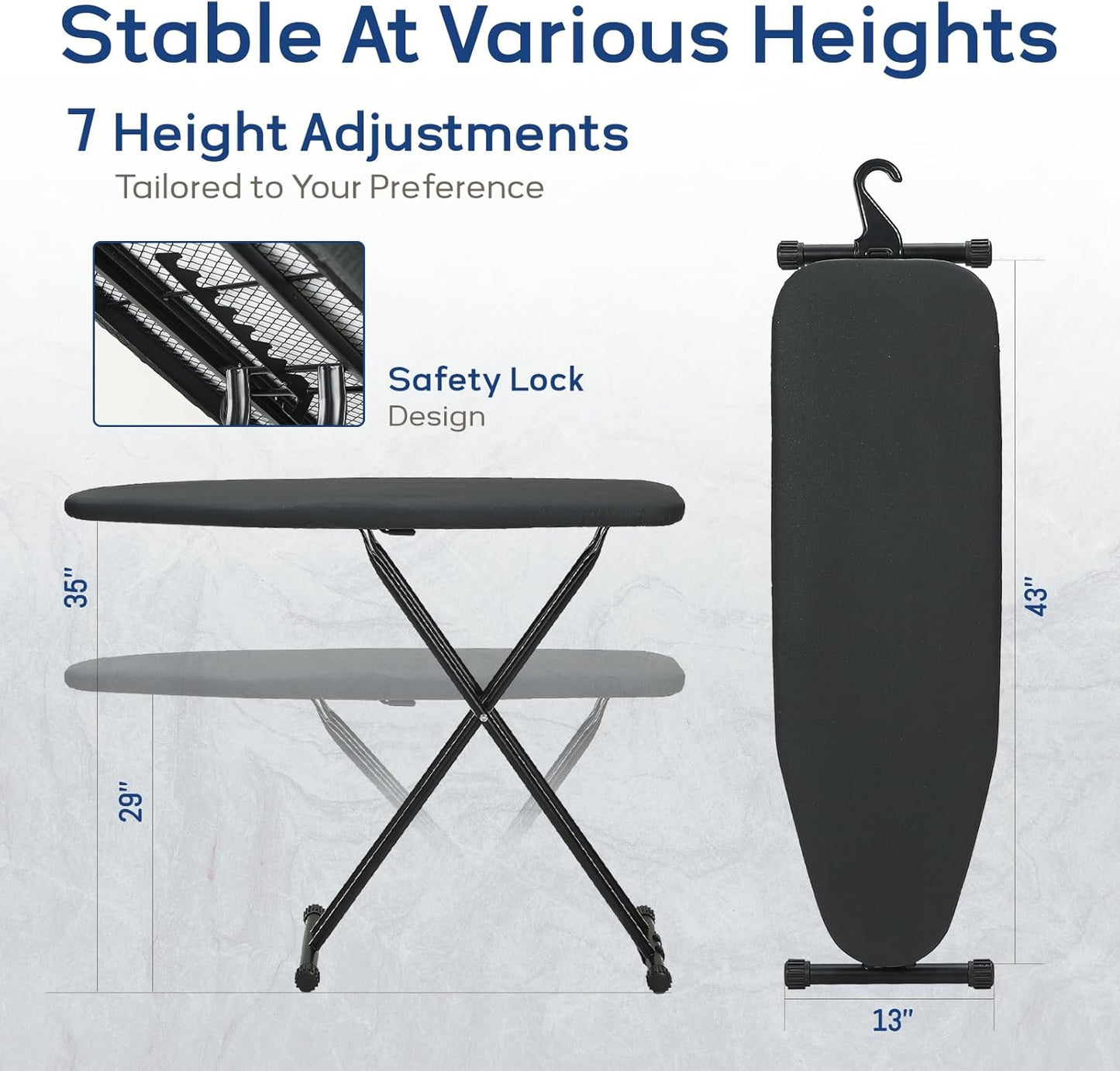 Ironing Board 43x13 with Iron Rest, RAINHOL Compact Iron Board Full Size with Thick Cover and Pad, Easy Storage Hanger with Heat-Resistant Silicone Pad, Space Saving and Height Adjustable, Black