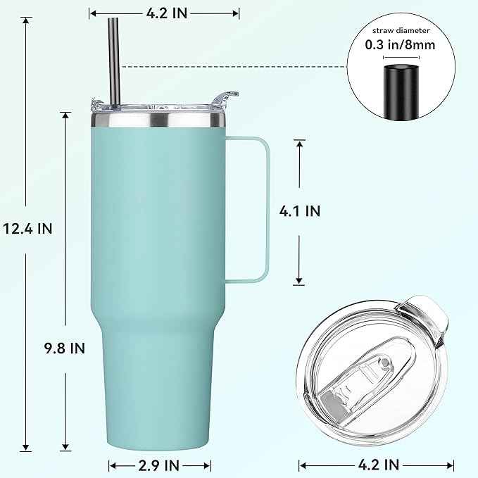 HASLE OUTFITTERS 40 oz Stainless Steel Tumbler with Handle, Vacuum Insulated Tumblers Bulk, Reusable Double Wall Travel Coffee Mug, Durable Powder Coated Water Bottles(Mint Green, 8)