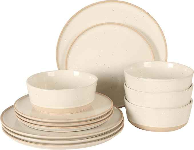 Gibson Elite Humphrey Lane 12 Piece (Service for 4) Plates and Bowls Reactive Glaze Dishes Stoneware Ceramic Dinnerware Set - White