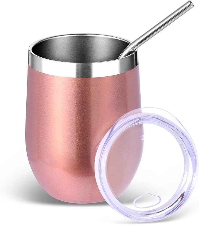 Volhoply 12oz Stainless Steel Wine Tumbler with Lid and Straw,Double Wall Vacuum Insulated Stemless Wine Glasses,Reusable Travel Coffe Mug for Cold Drinks,Tumblers Gifts for Women Men（Rose Gold,1 Set）