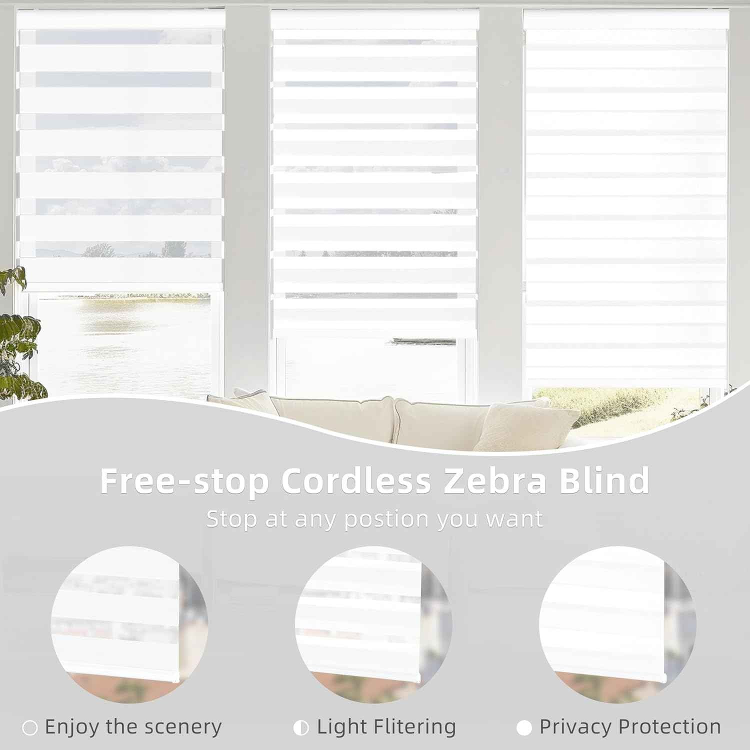 ChrisDowa Cordless Zebra Blinds for Windows, Dual Layer Free-Stop Light Filtering Window Roller Shades, Pull Down Privacy Zebra Shades for Home, Office, Bedroom, Door (69" W x 72" H, White)