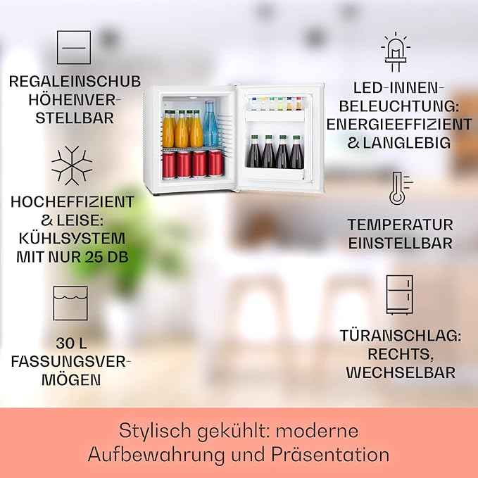 Aoboco Klarstein Happy Hour - Minibar, Mini-Kühlschrank, Getränkekühlschrank, Kompression, Kühltemperatur: 5-15 °C, lautlos: 0 dB, LED-Licht, 25 Liter weiß