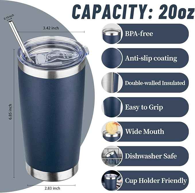 20 oz Tumbler with Lids and Straws, Stainless Steel Insulated Travel Coffee Mug, Double Wall Vacuum Insulated Tumblers, Powder Coated Coffee Tumbler for Cold & Hot Drinks (Navy Blue)