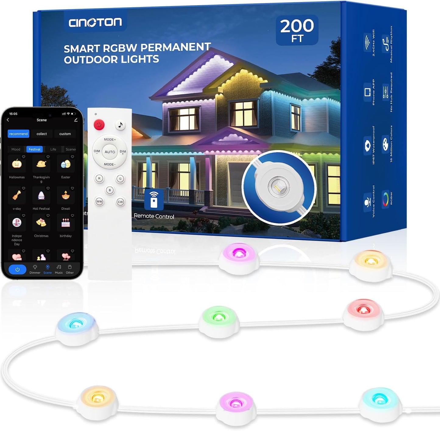 CINOTON Permanent Outdoor Lights 200ft, Smart RGBW Eaves Lights with 144 LEDs, IP67 Waterproof, 111 Scene Mode for Daily and Festival, Halloween Christmas Party Holiday Decor, APP/Voice/Remote Control