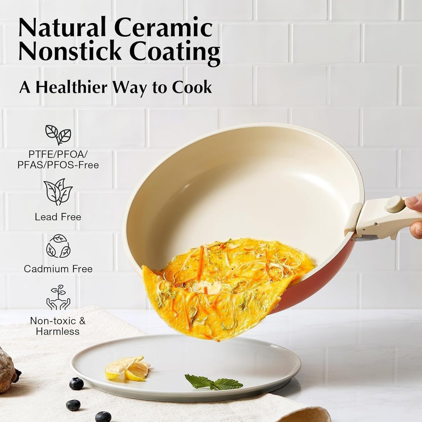 IKTU Ceramic Pots and Pans Set Non Stick Pink, 5Pcs Nonstick Cookware Set with Detachable Handle RV Camping Induction Kitchen Cookware Set Non Stick, PFAS PFOA & PTFE Free