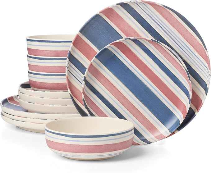 Oneida Dinnerware Sets, 24 Seven Melamine Stripe 12-Piece Dinnerware Set, Set for 4, Service For 4, Melamine Material, Dishwasher Safe, Plates And Bowls, Dinner Dishes, Kitchen (Assorted, 12 Piece)