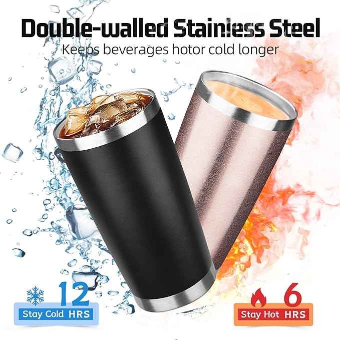 20 oz Tumbler with Lids and Straws, Stainless Steel Insulated Travel Coffee Mug, Double Wall Vacuum Insulated Tumblers, Powder Coated Coffee Tumbler for Cold & Hot Drinks (Black,4pack)