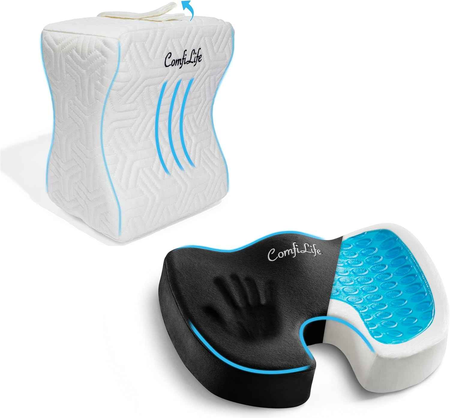 ComfiLife Gel Enhanced Seat Cushion & Cooling Knee Pillow Bundle – Seat Cushion for Office Chair – Leg Pillow for Side Sleeping
