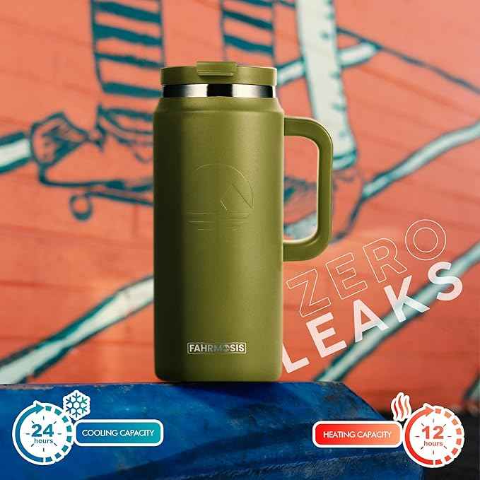 FAHRMOSIS 64 Oz Tumbler with Handle and Straw Half Gallon Water Bottle Stainless Steel Travel Mug for Hot & Cold Drinks, Reusable Water Bottle with Lids and Straw - Army Green