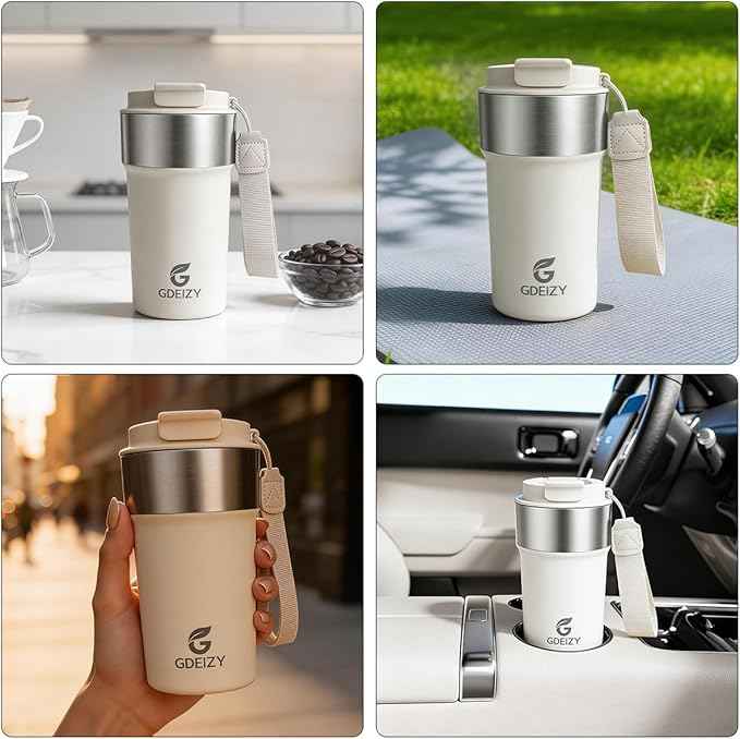 Insulated Coffee Mug, 17oz Stainless Steel Travel Mug with Flip-Top Straw Lid, Leak Proof Vacuum Insulated Tumbler, Reusable Coffee Cup for Hot & Cold Drinks, Milky White