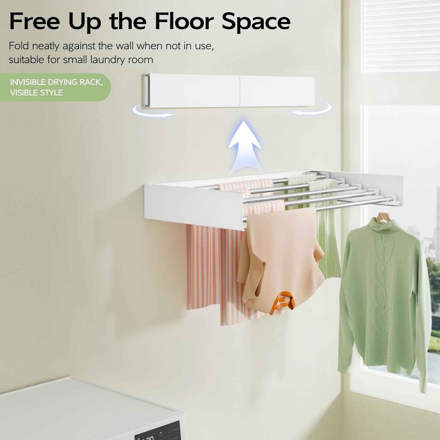 Vikaqi Wall Mounted Clothes Drying Rack 32", Foldable Wall Mount Laundry Rack Folding Indoor, Drying Rack Clothing Collapsible, Hidden Space Saver with Wall Template, 5 Rods, White