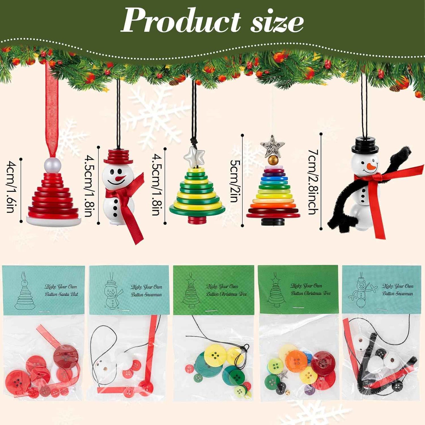 Soulchen 15 Sets Button Christmas Ornament Kit Christmas Tree Crafts Button Snowman Santa Hat DIY Colorful Hanging Ornament Kit for Holiday Decoration Xmas Party Supplies Favors Gifts
