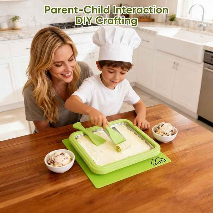 Rolled Ice Cream Maker - 304 Stainless Steel Cool Plate with 2 Spatulas and Lid, Instant DIY Ice Cream Roller Tray for Family Fun (Green)