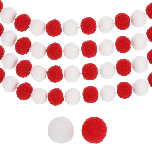 PATIKIL 26Ft Pom Pom Garland Decorations, 4Pcs Colorful Felt Ball Garland Banner Cute Rainbow Pompom Hanging Decorations for Tree Ornaments Homes Decor, Red/White