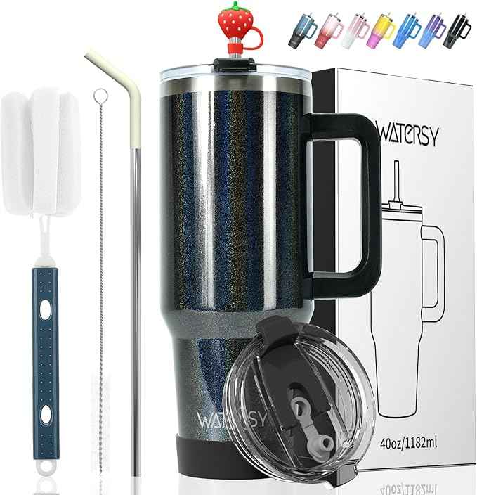 40 oz Shiny Tumbler with Handle and Straw,Stainless Steel Tumbler with Lid and Straw,Insulated Travel Mug(Cold for 34 Hours),Water Bottle for Iced Tea,Coffee (Black)